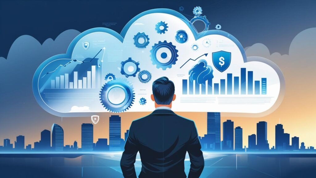 Business leader looking toward a glowing cloud
