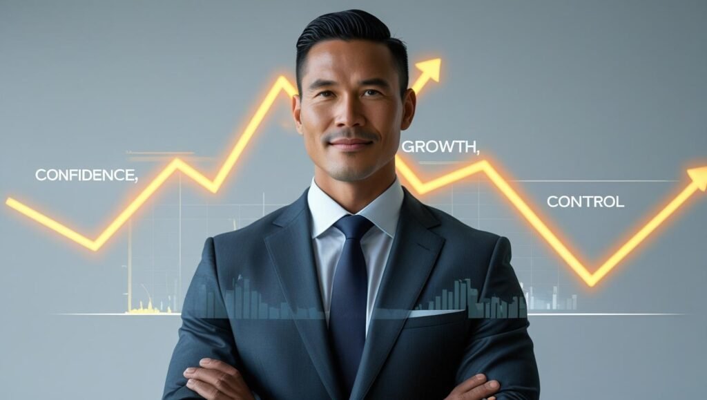 A confident entrepreneur looking ahead with a rising graph and keywords like Business Success, “Growth,” and “Control” floating around.