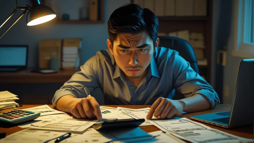 Small business owner surrounded by invoices, calculator, and laptop