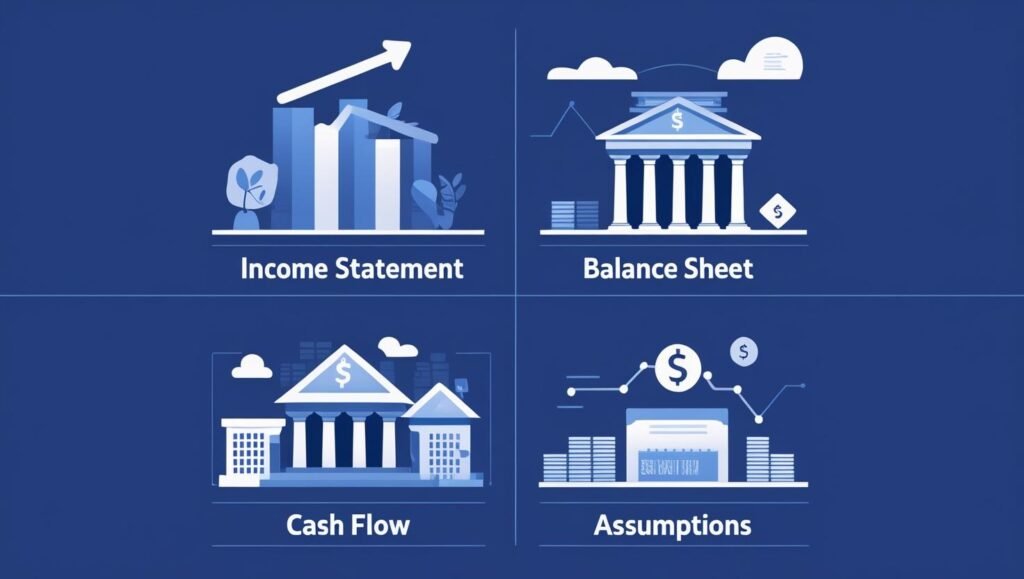 Split layout showing icons or mini-scenes for Income Statement, Balance Sheet, Cash Flow, and Assumptions