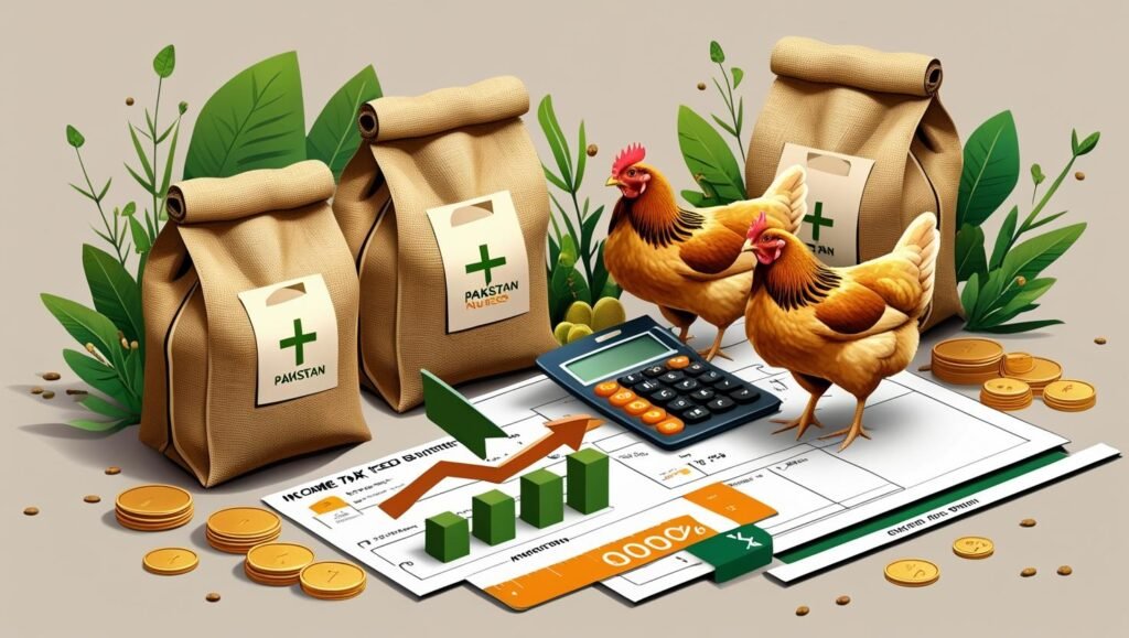 Image of 2 chickens with bags of feed and calculator